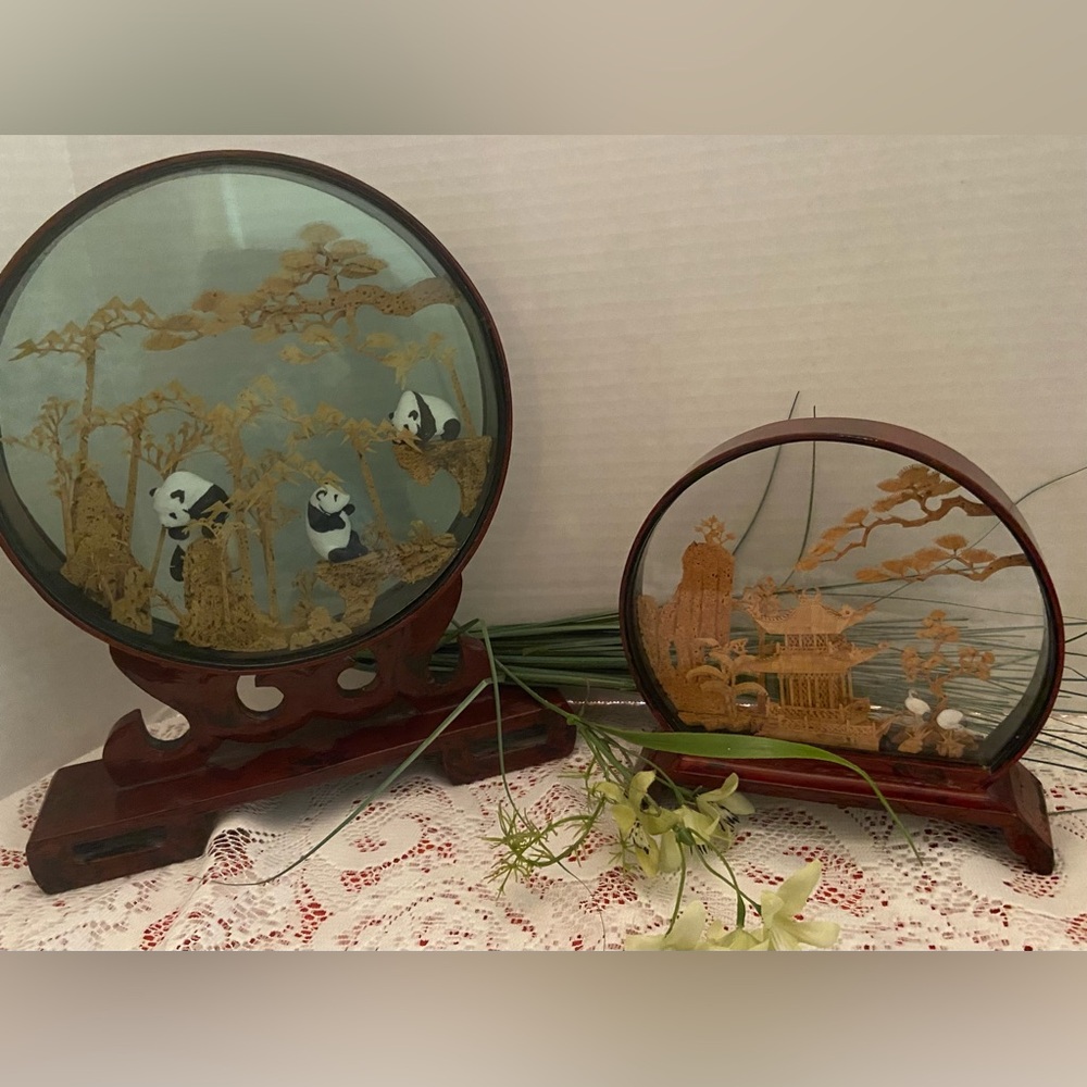 Pair of Asian Cork Carving Displays Panda Bears & Village scene